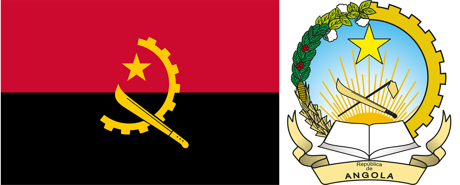 The flag and coat of arms of Angola.
