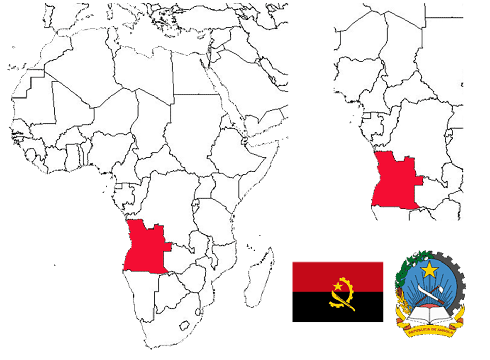 image of Angola, in relation to Central Africa (right) with the flag and coat of arms inset