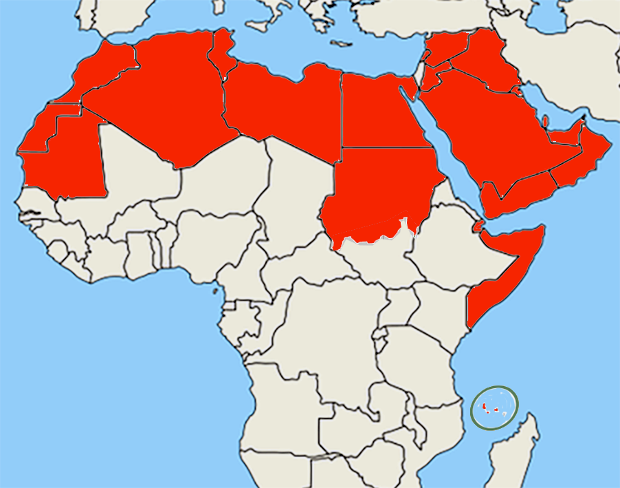 Map of Africa and the Middle East with the Arab World Countries shown.