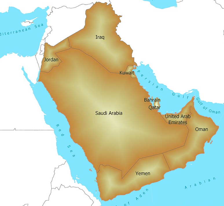 Map of the Arabian Peninsula with the countries named.