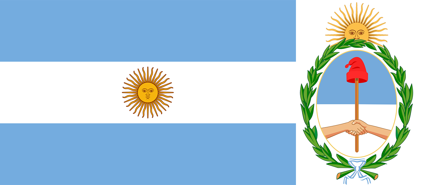 The flag and coat of arms of Argentina.