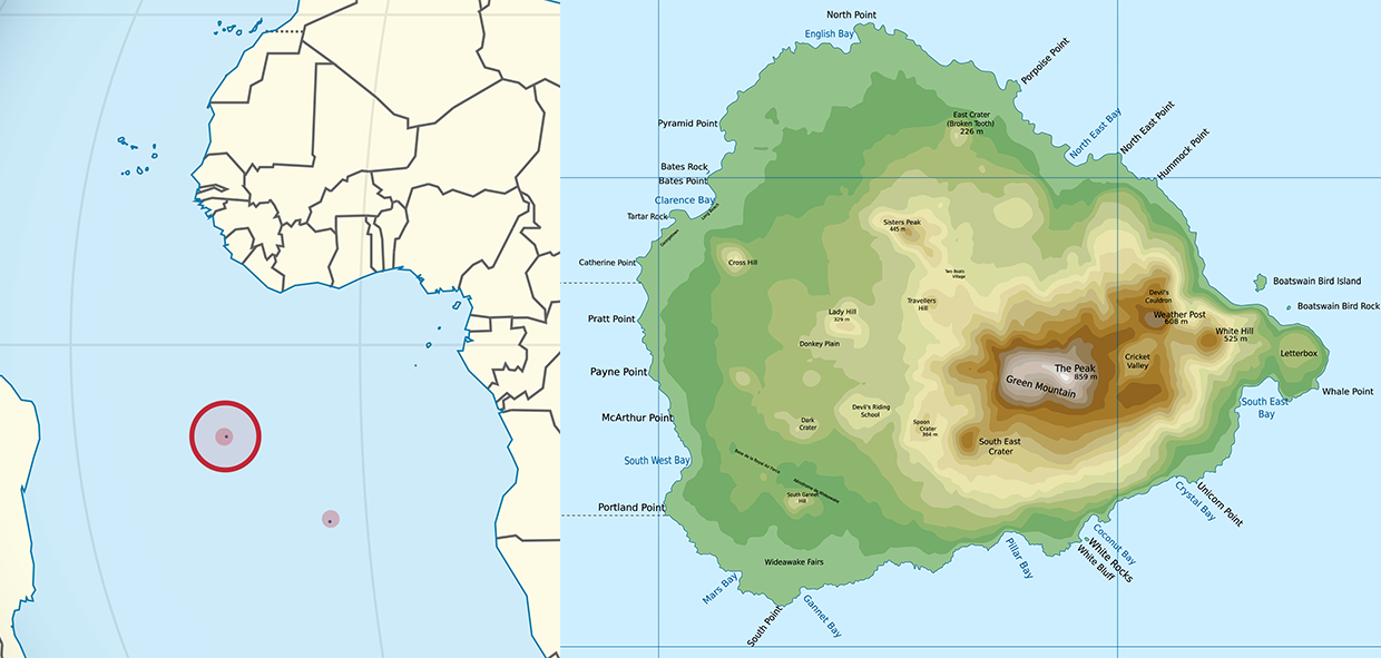 Location of Ascension Island in the Atlantic and topographic map of Ascension Island.
