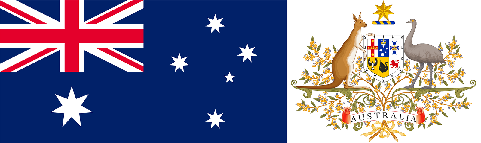 The flag and coat of arms of Australia.