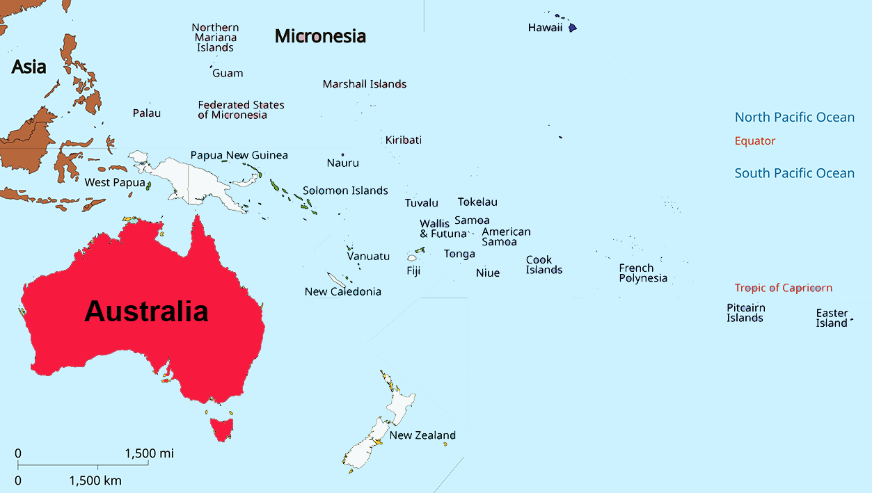 image of Australia, in relation to Oceania with Australia in Red.