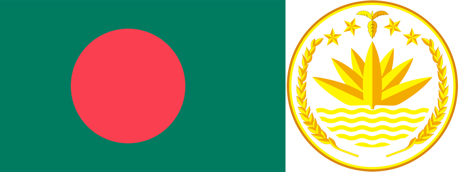 The flag and emblem of Bangladesh.