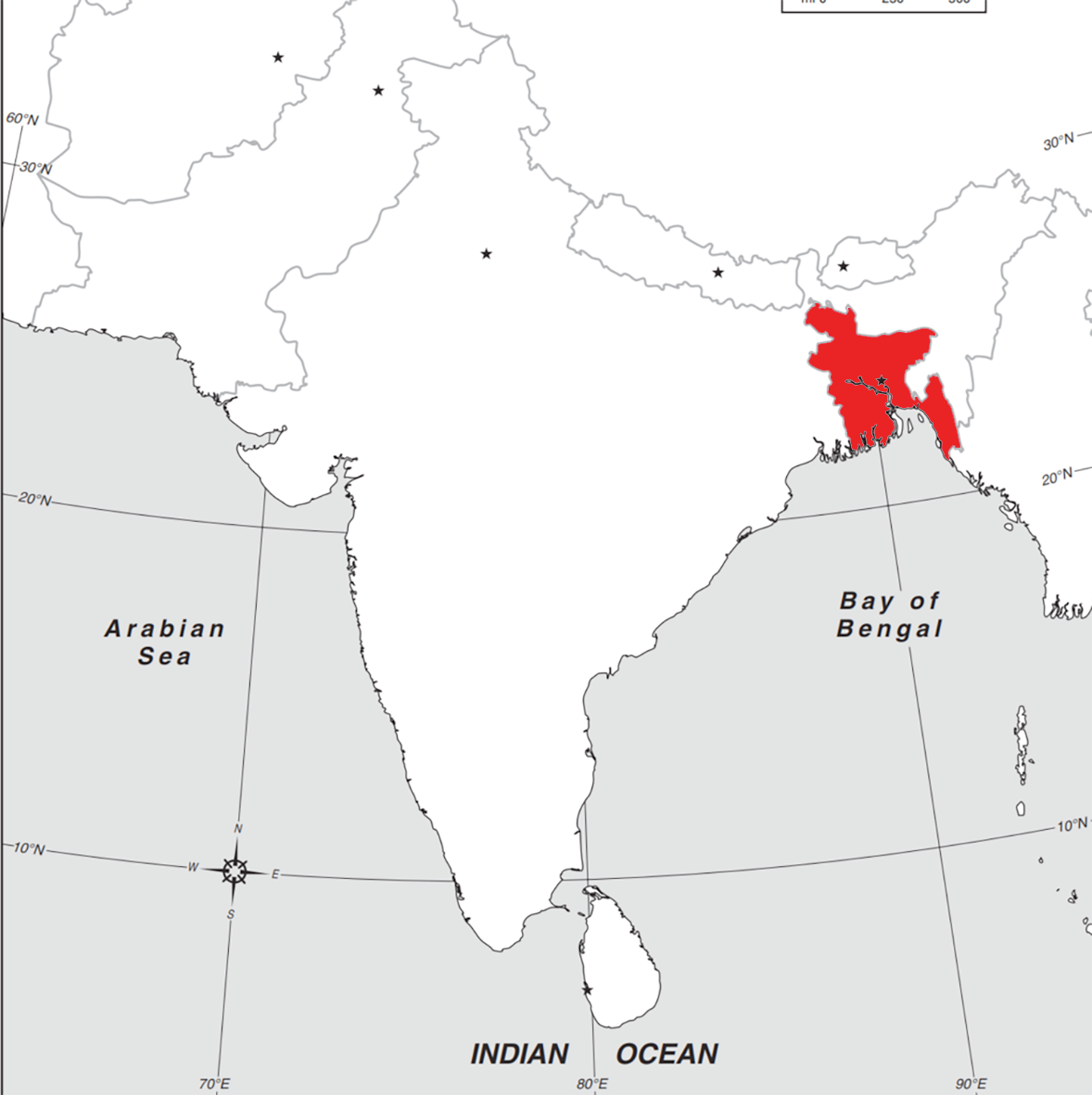 Location of Bangladesh on the Indian Subcontinent.