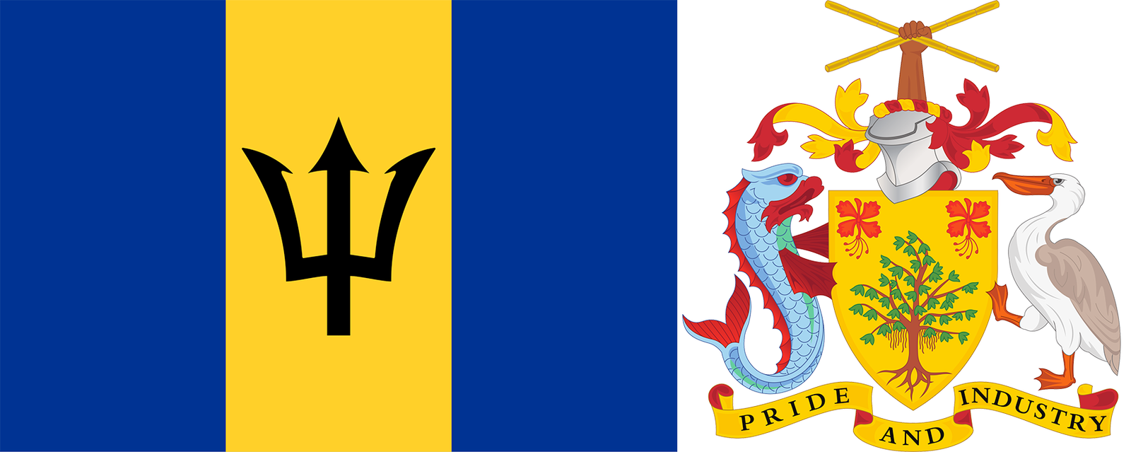 The flag and coat of arms of Barbados.