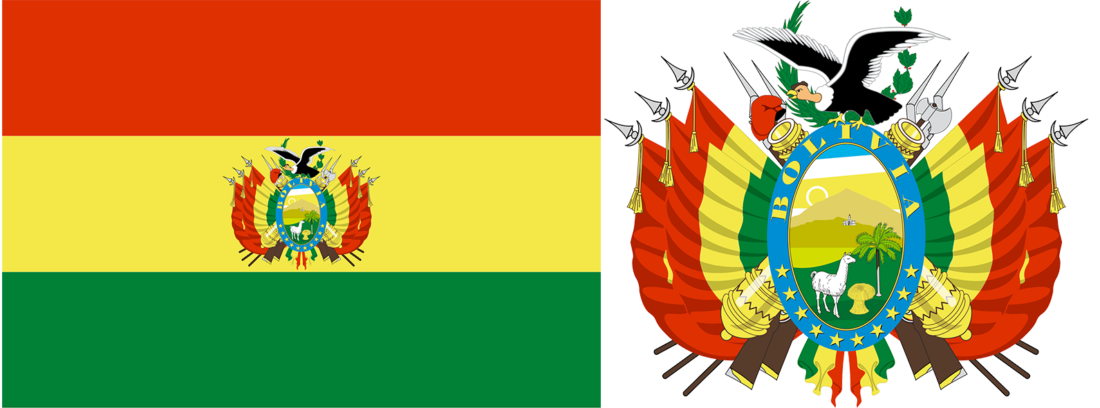 The flag and coat of arms of Bolivia.