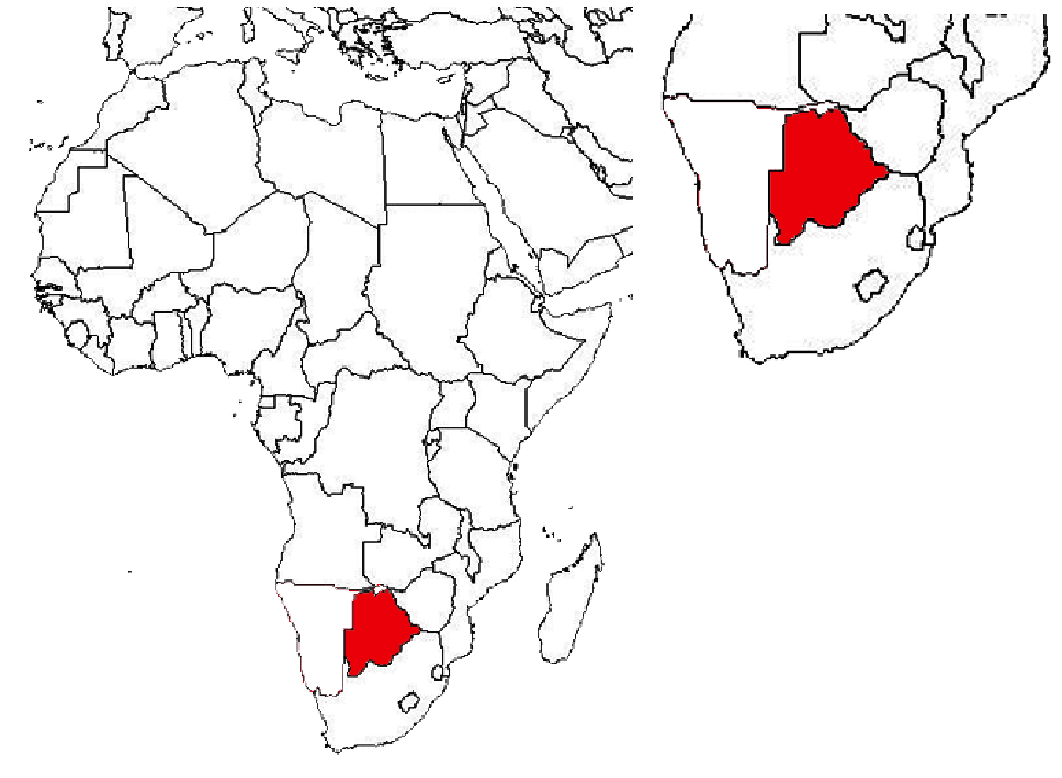 image of Botswana, in relation to Africa (left) and Southern Africa (right).