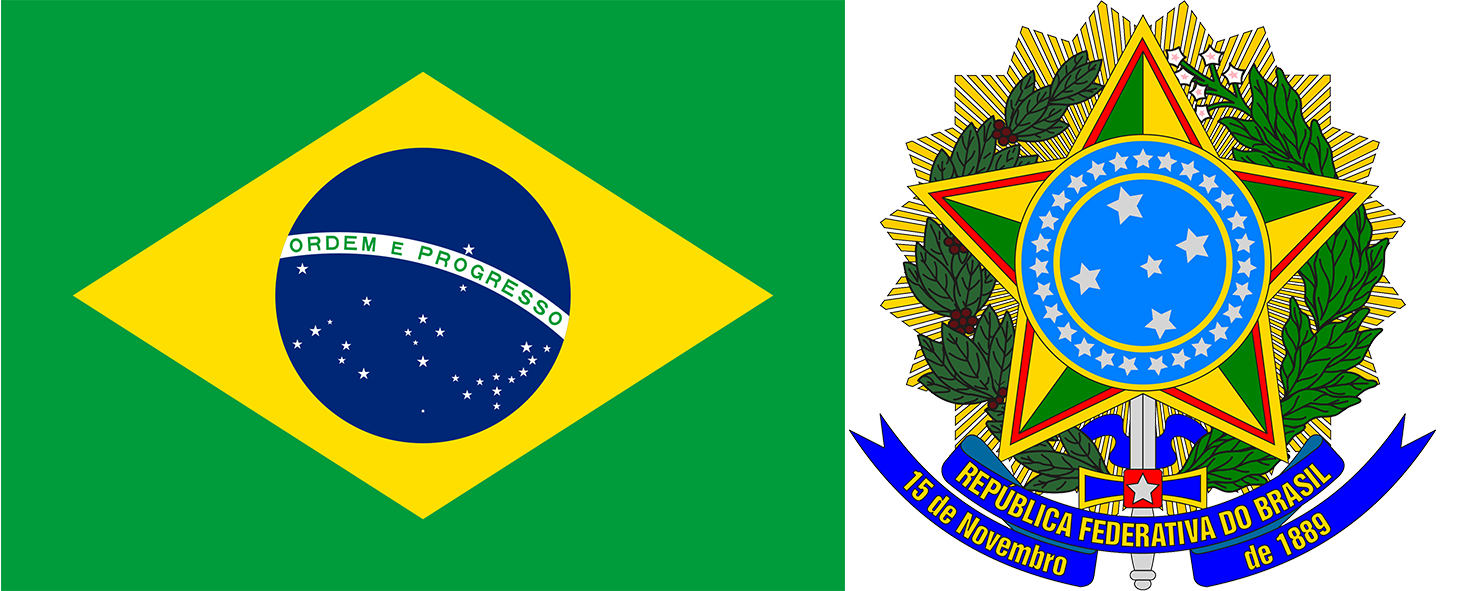 The flag and coat of arms of Brazil.