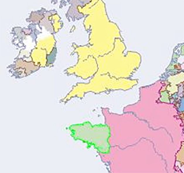 Location of Birttany in respect to the British Isles<br/>and France.