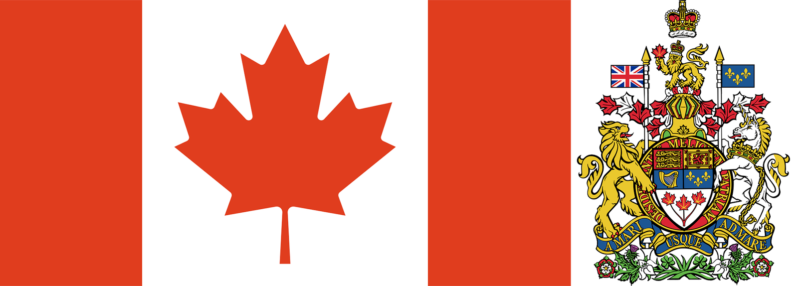 The flag and coat of arms of Canada.
