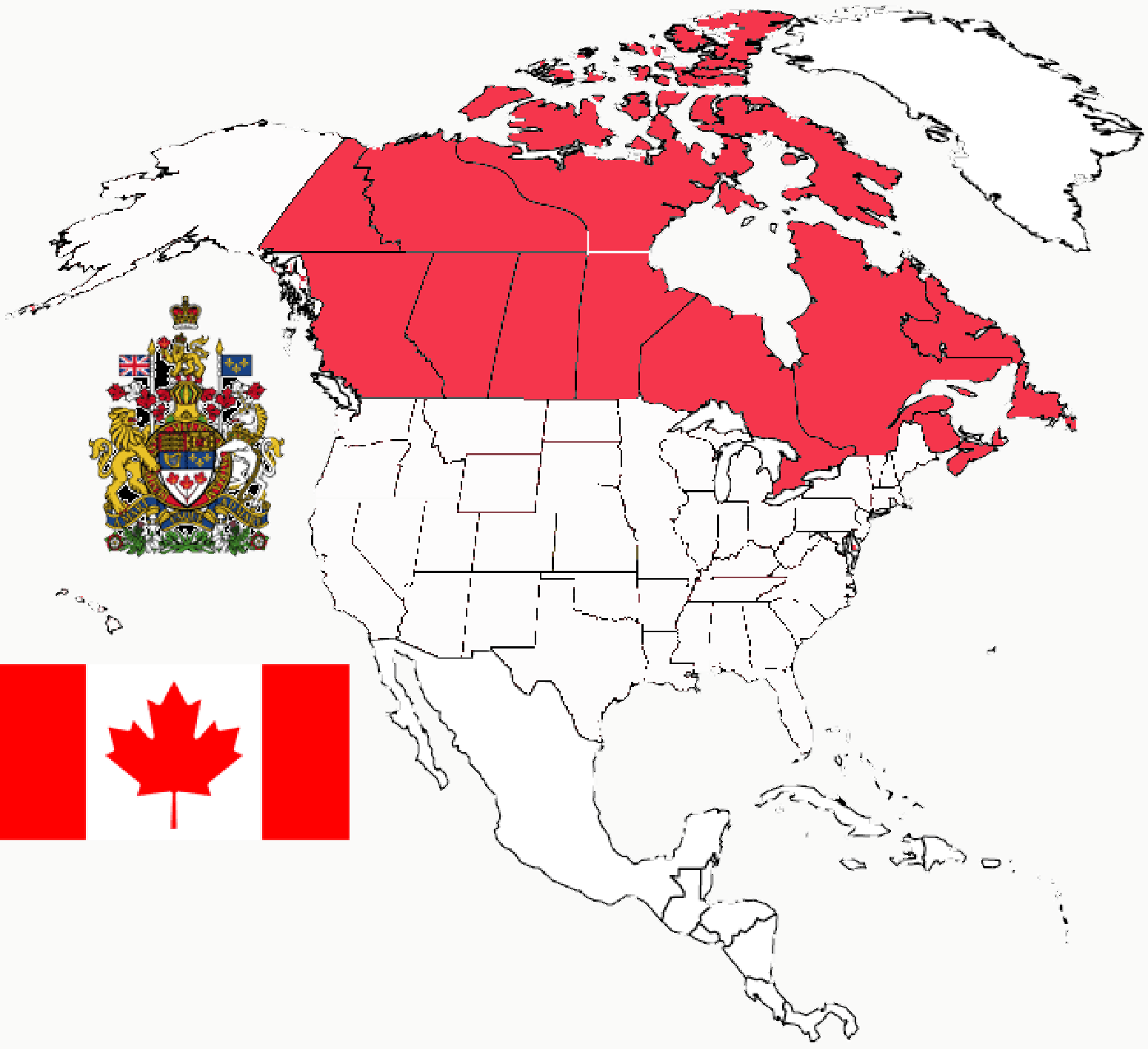 image of Canada, in relation to USA in North America with Canada in Red and the Canadian flag inset