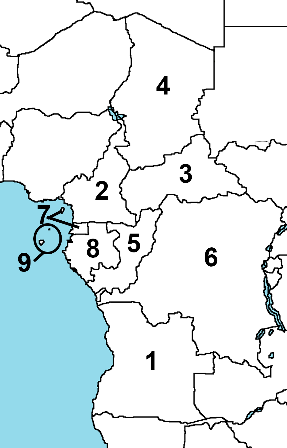 Location of the 9 nations of Central Africa.