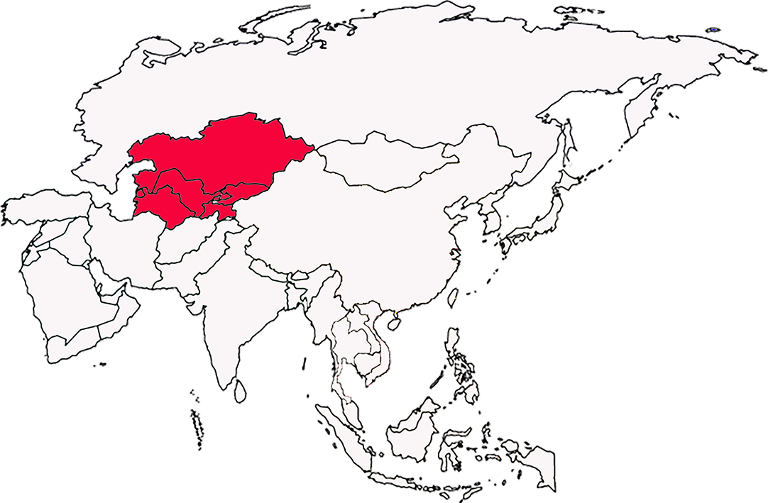 Map of Asia with Central Asia in red.