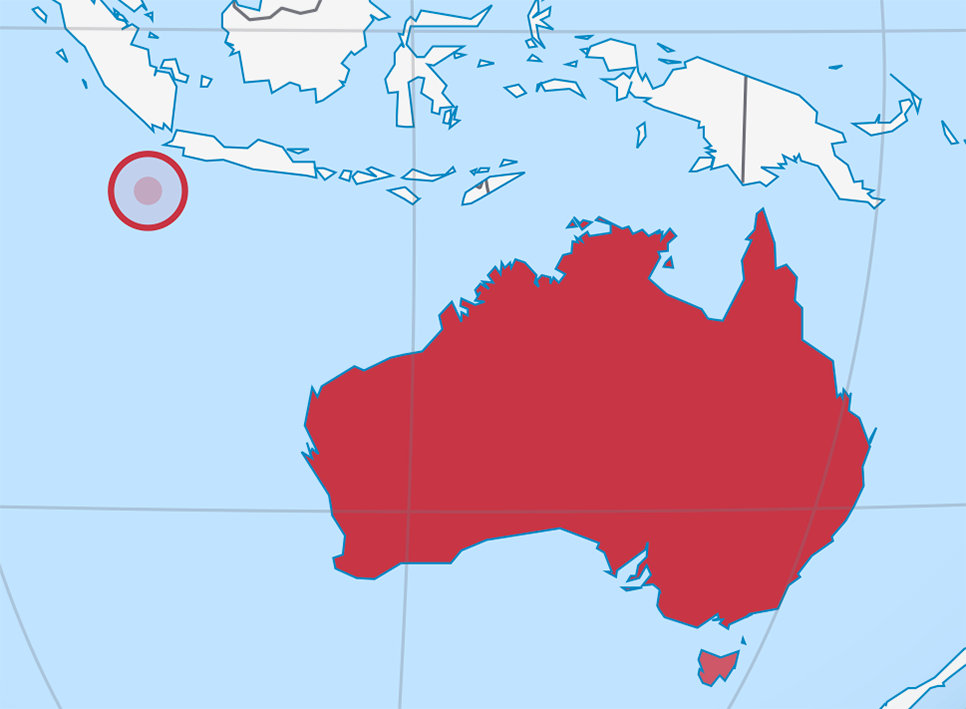 image of Christmas Island, in relation to Australia with Christmas Island circled in Red.