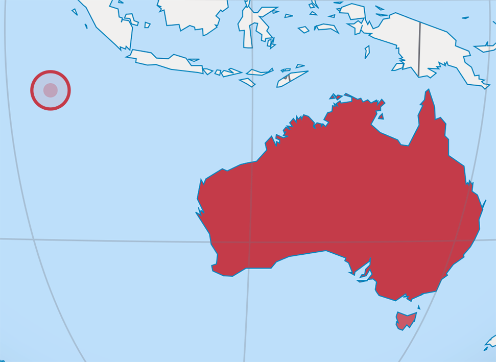 image of Cocos (Keeling) Islands, in relation to Australia with the Cocos Islands circled in Red.