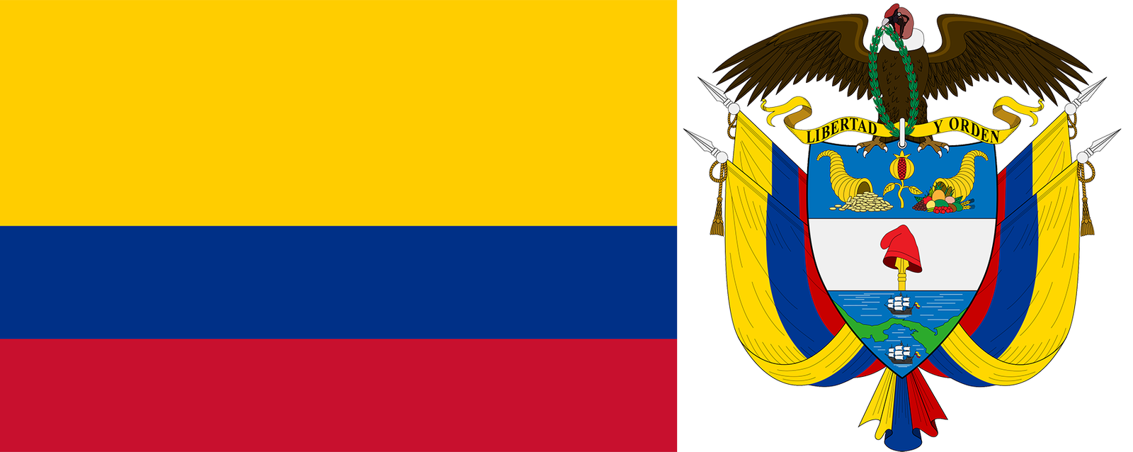 The flag and coat of arms of Colombia.