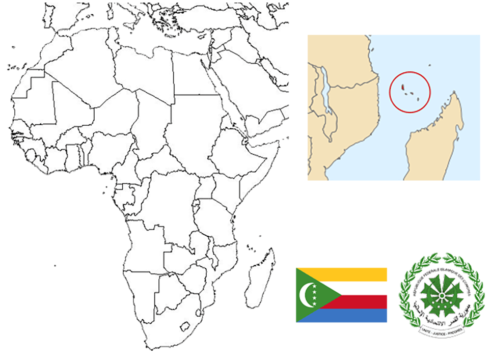 image of Comoros, in relation to Africa and East Africa with the location of the Comoros islands between East Africa and Madagascar shown.