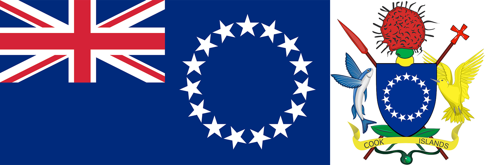 The flag and arms of Cook Islands.