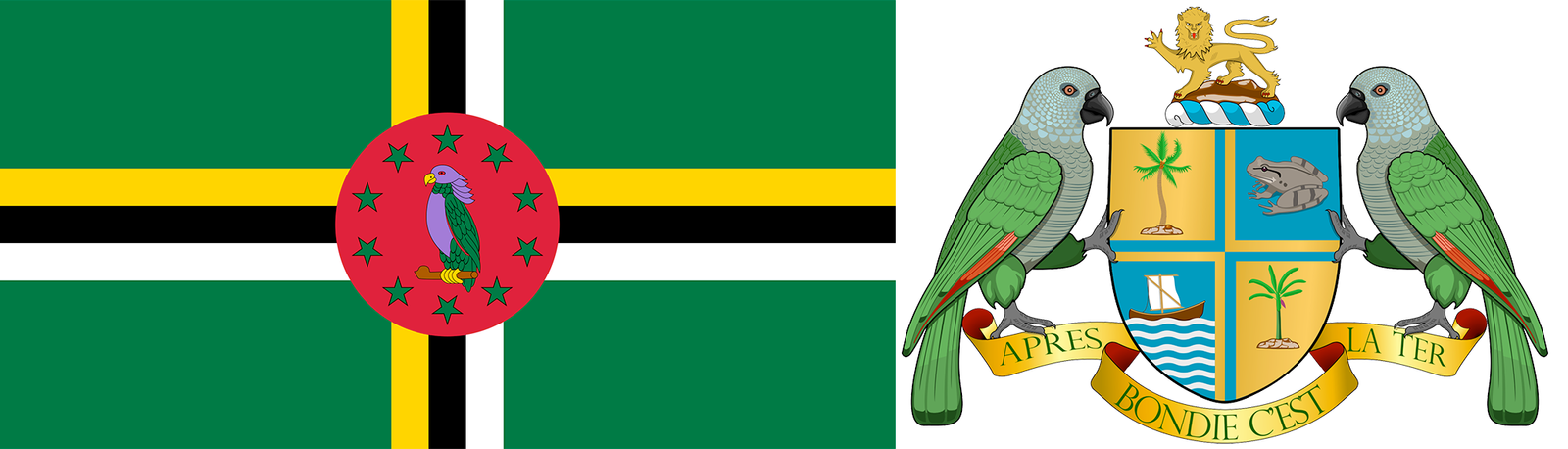 The flag and coat of arms of Dominica.