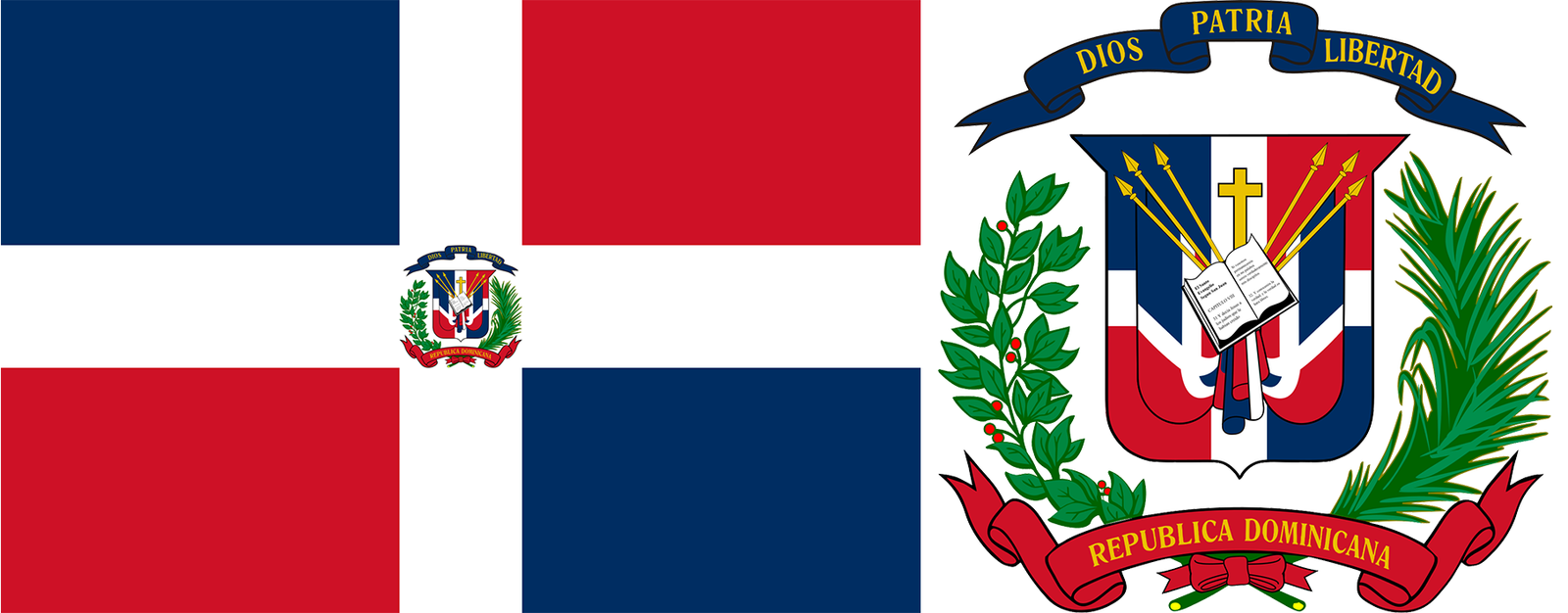 The flag and coat of arms of Dominican Republic.
