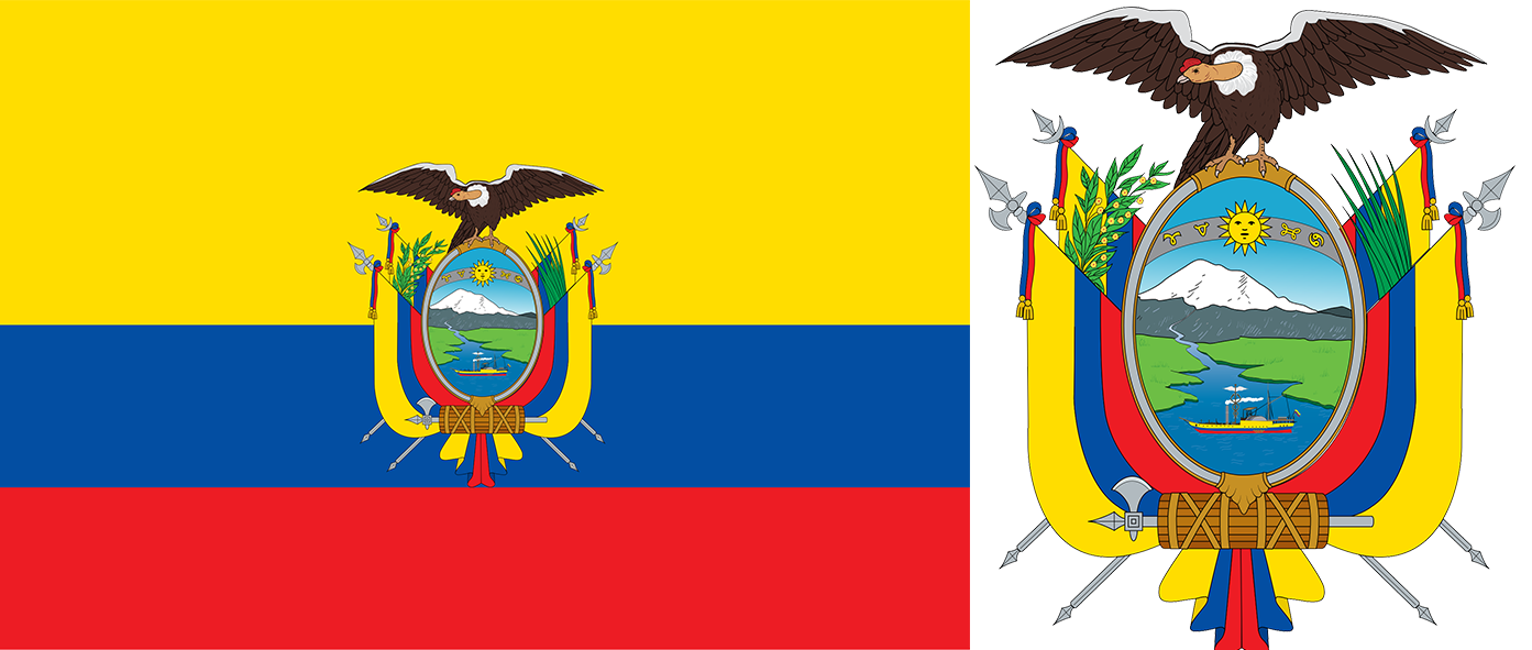 The flag and coat of arms of Ecuador.