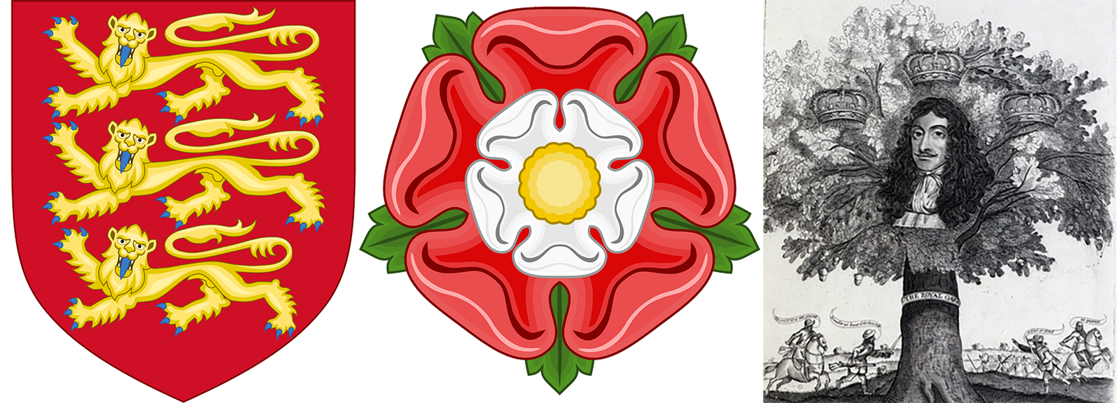 Three symbols of England: the three lions of Richard the Lionheart, the Tudor rose and the royal oak with the image of Charles II inset