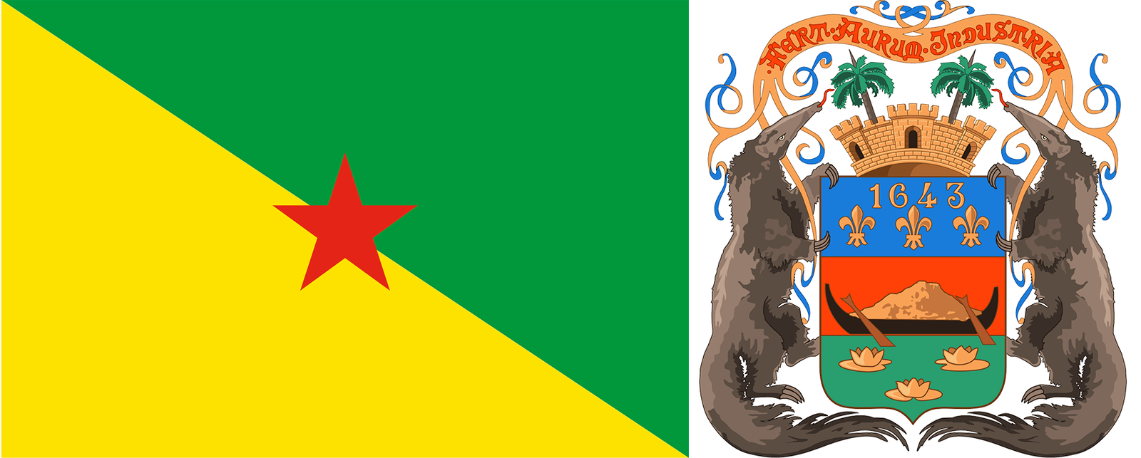 The flag and coat of arms of French Guiana.