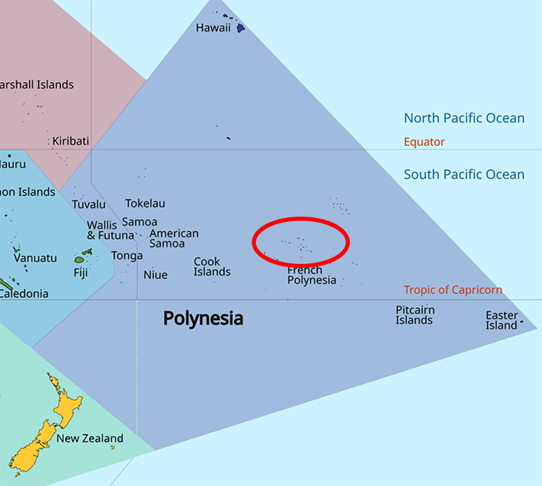 image of French Polynesia, in relation to Polynesia with Samoa circles.