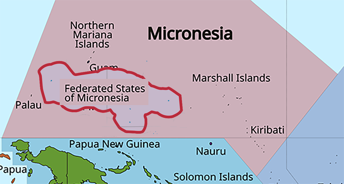 image of the Federated States of Micronesia, in relation to Oceania with the Federated States of Micronesia in Red.