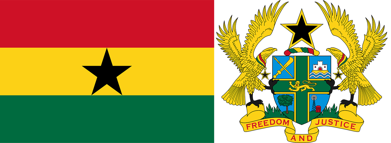 The flag and coat of arms of Ghana.