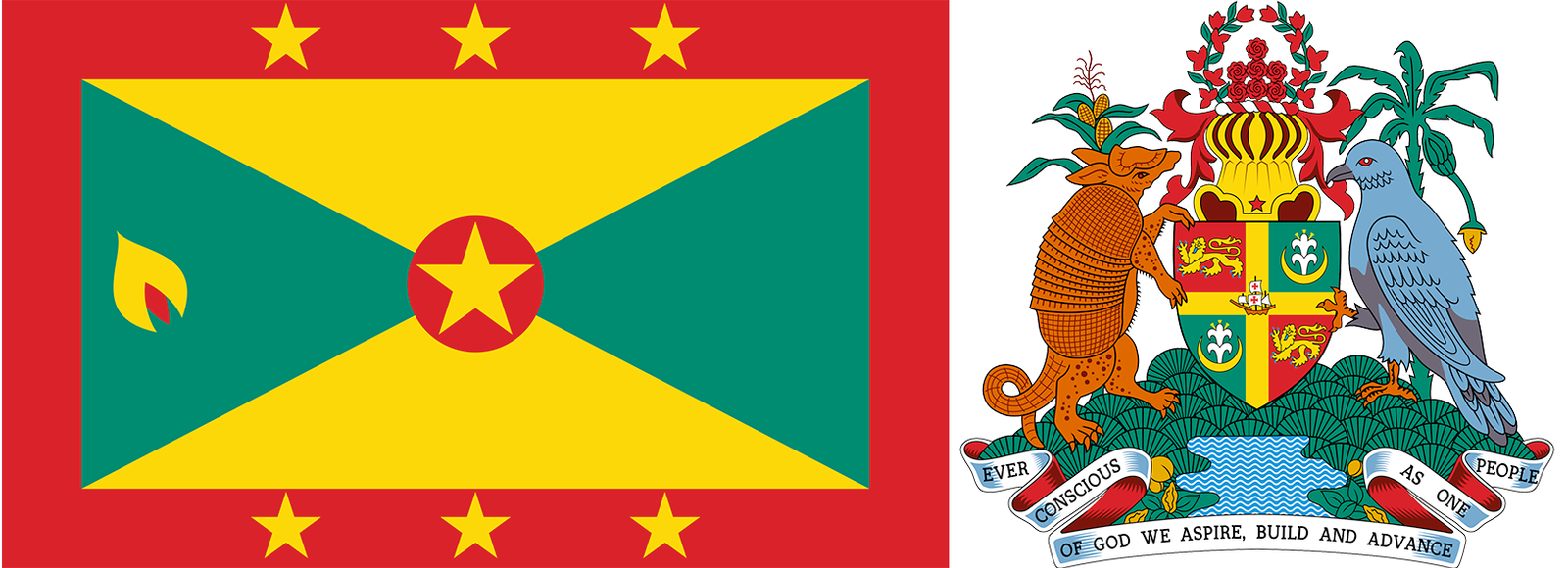 The flag and coat of arms of Saint Vincent and the Grenadines.