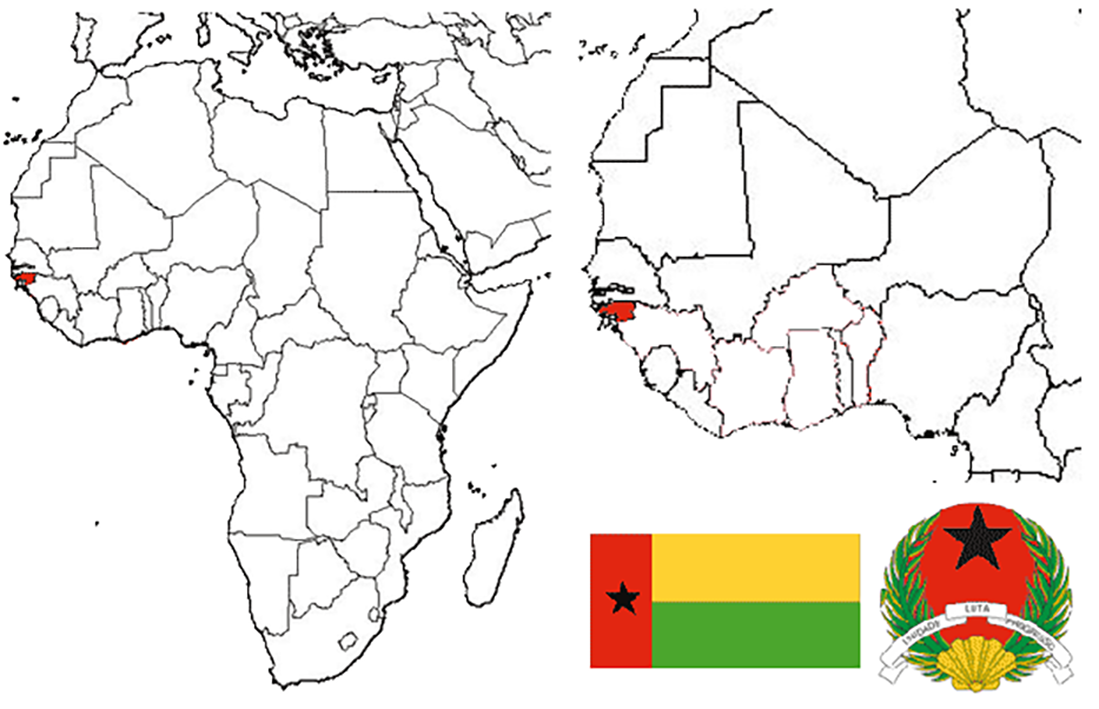 image of Guinea-Bissau, in relation to Africa (left) and West Africa (right) with the flag and coat of arms inset