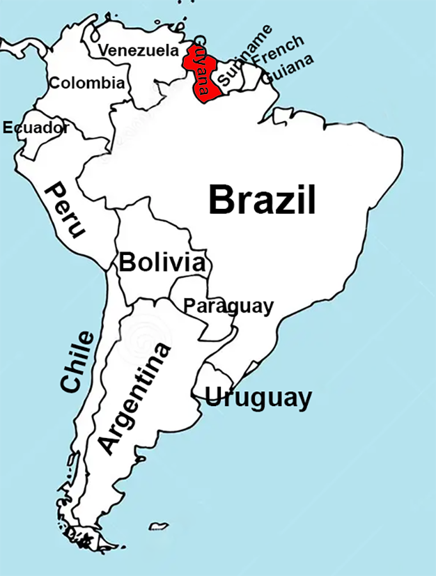 Location of Guyana in South America.