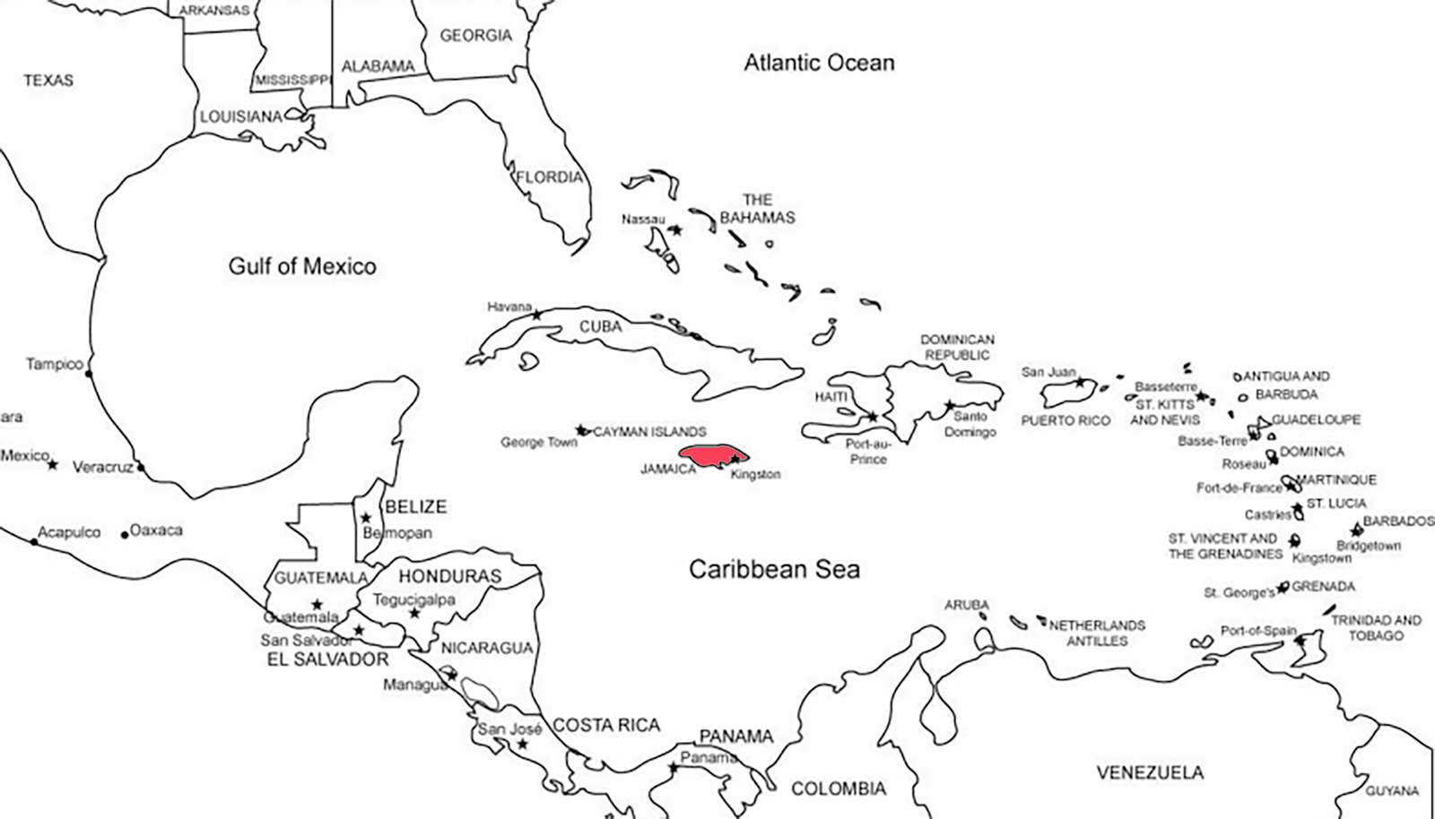 Location of Jamaica in Caribbean.