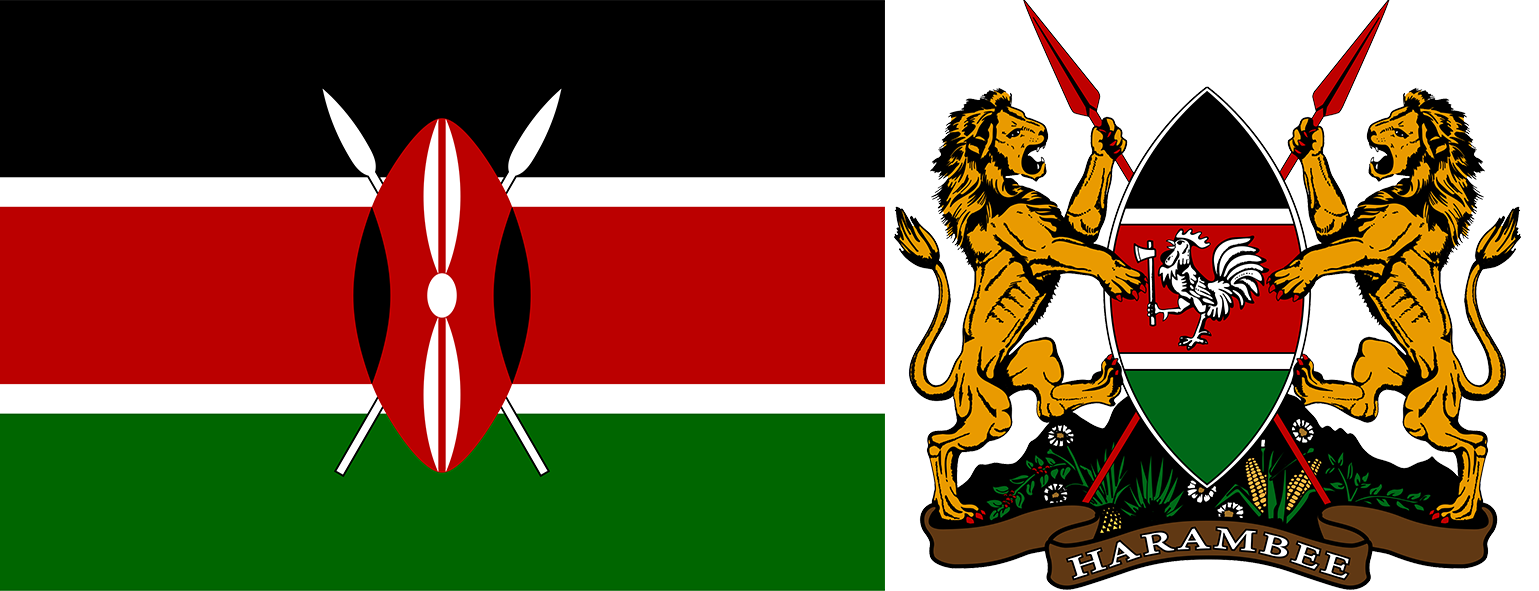 The flag and coat of arms of Kenya.