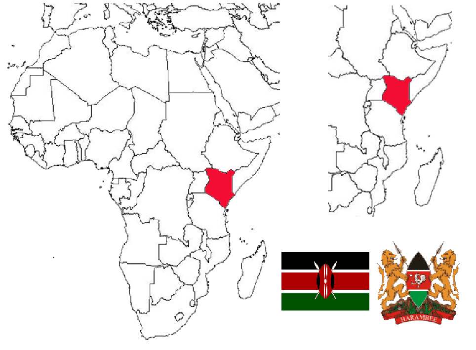 image of Kenya, in relation to Africa and East Africa with Kenya in Red.