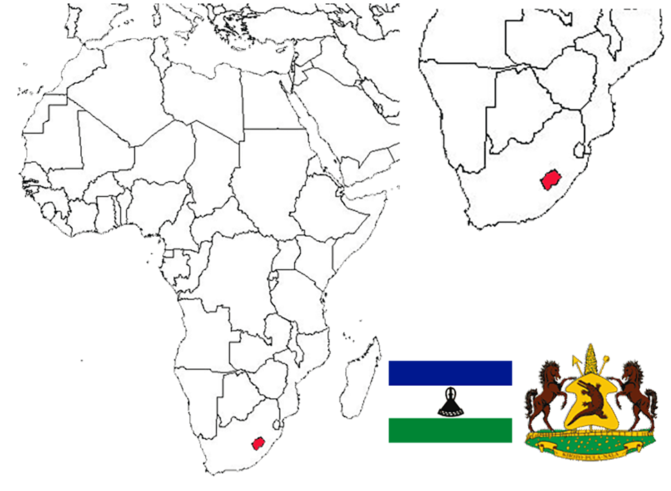 image of Lesotho, in relation to Africa (left) and Southern Africa (right).