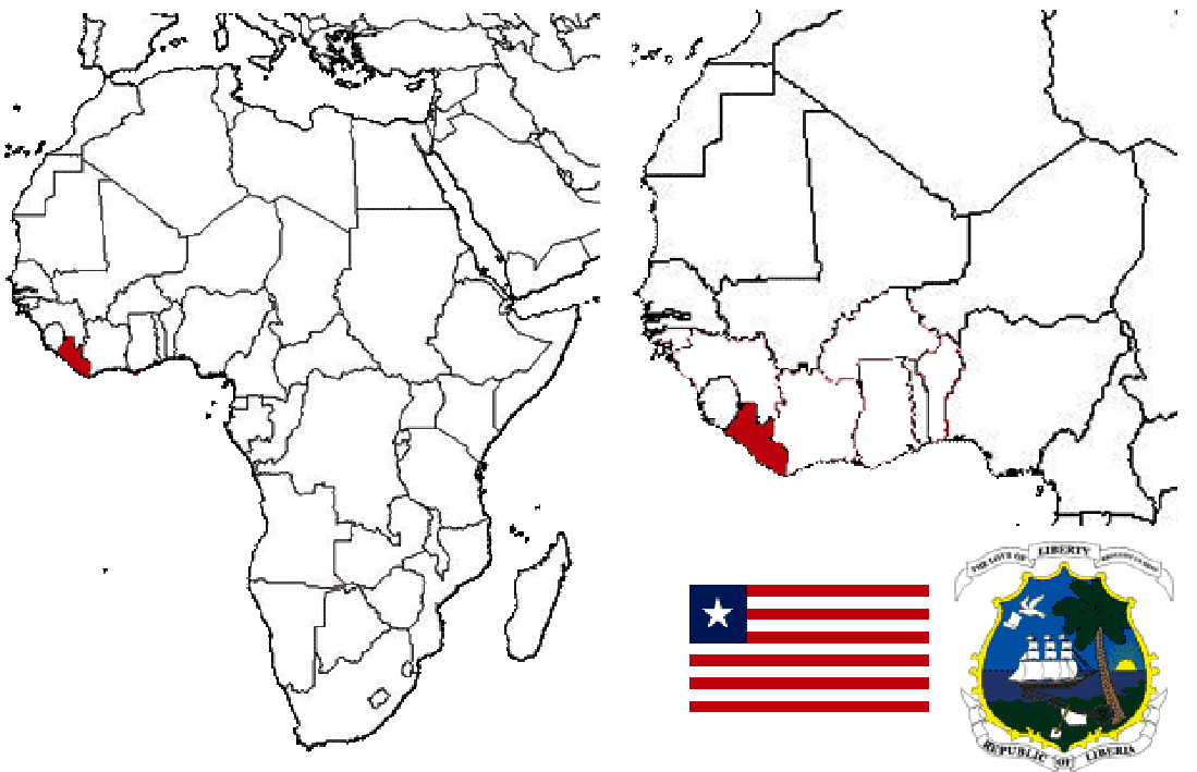 image of Liberia, in relation to Africa (left) and West Africa (right).