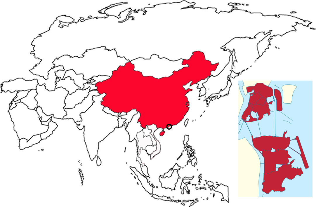 Location of Macau in relation to China in Asia.
