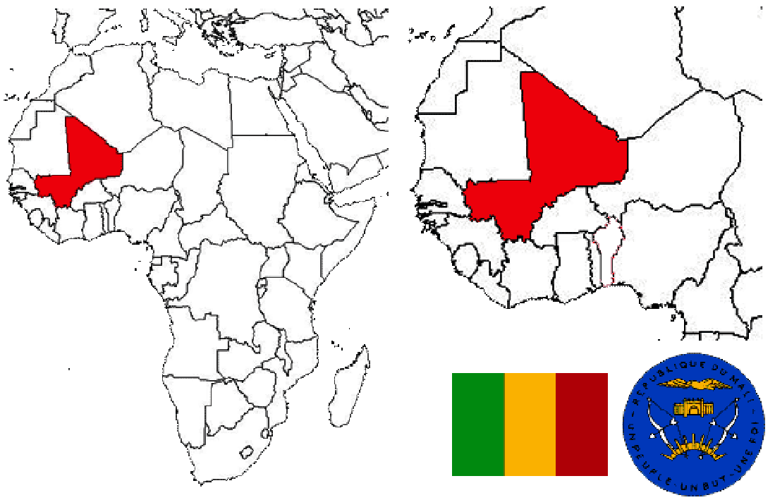 image of Mali, in relation to Africa (left) and West Africa (right).