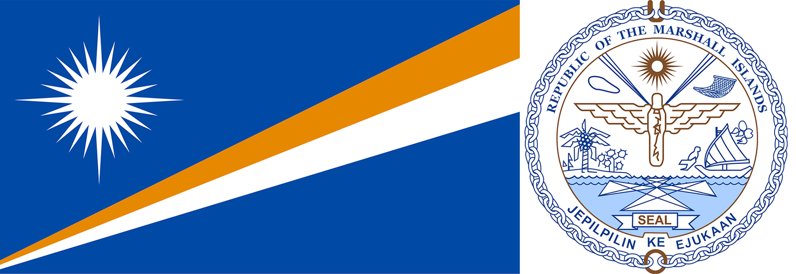 The flag and coat of arms of the Marshall Islands.