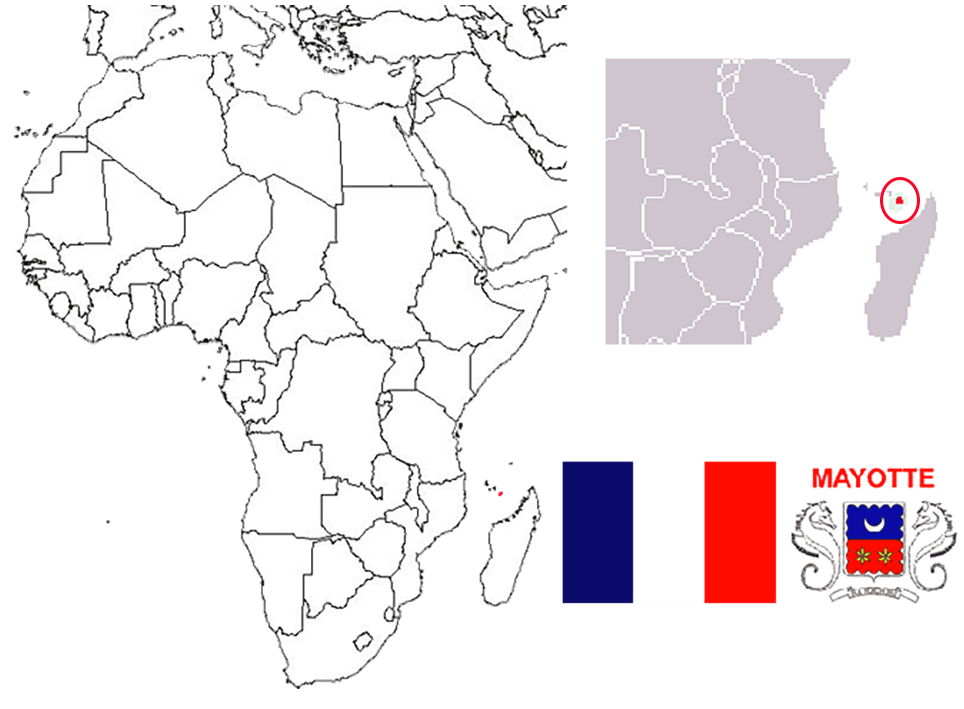 image of Mayotte, in relation to Africa and with an expanded view showing Mayotte in relation to Madagascar and the Comoros.
