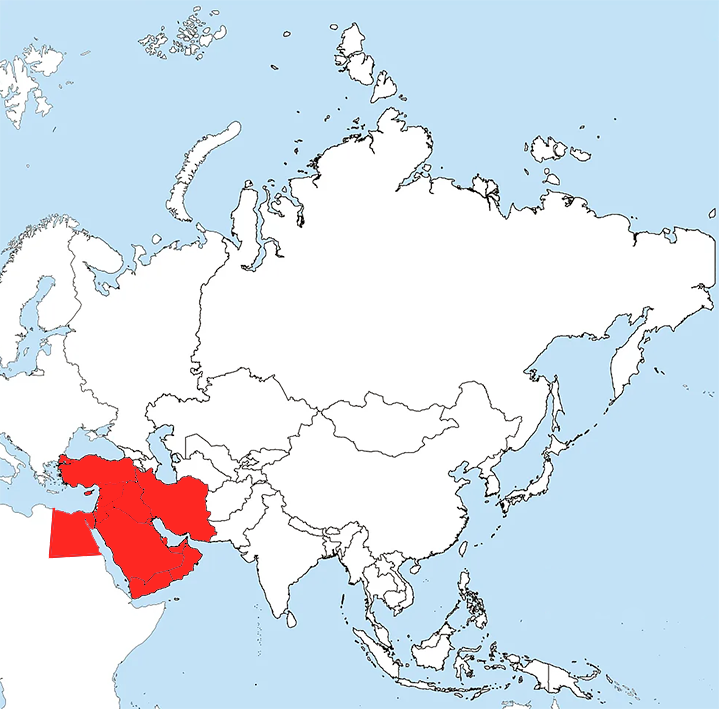 Map of Asia with the Middle East shown.