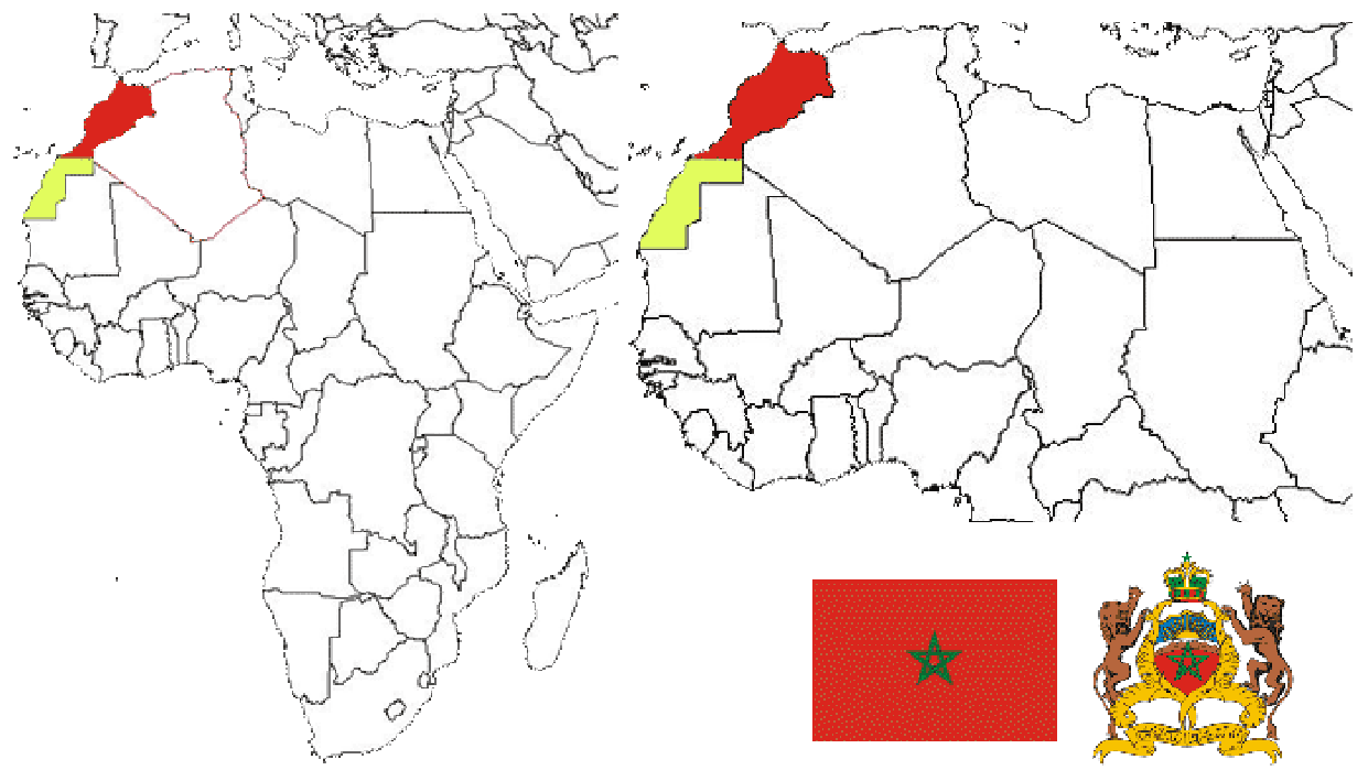 image of Morocco, in relation to Africa (left) and North Africa (right).