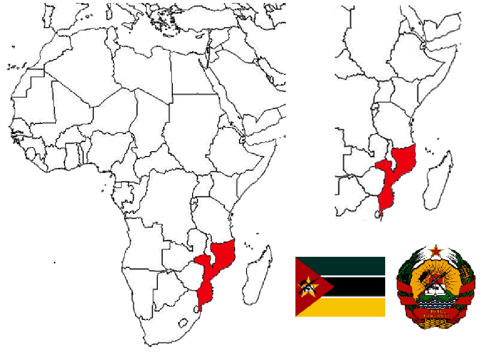image of Mozambique, in relation to Africa (left) and East Africa (right).