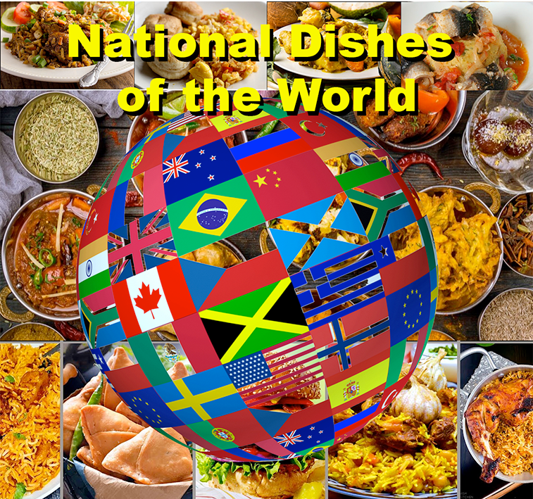 National dishes of the world logo, with a globe made of maps superimposed on a selection of national dishes.