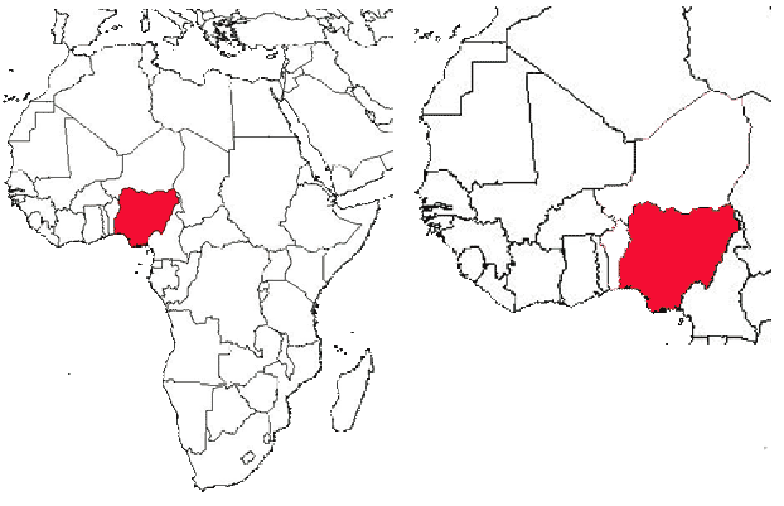 image of Nigeria, in relation to Africa (left) and West Africa (right).