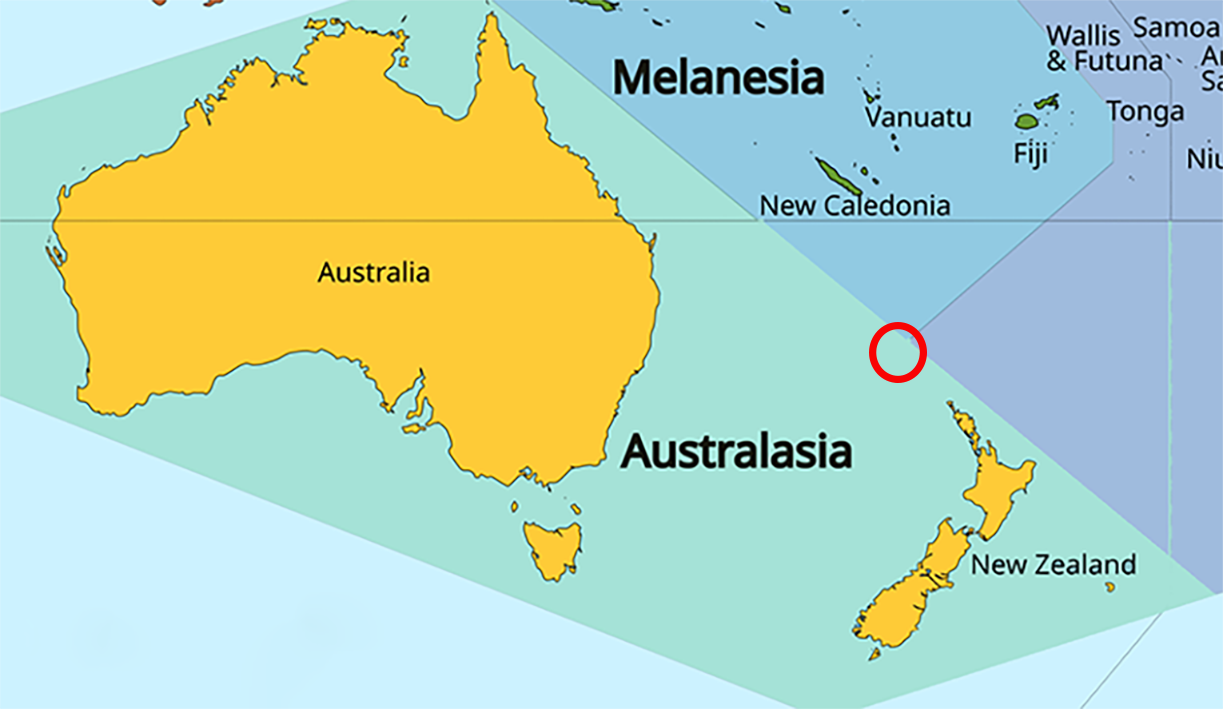 image of Norfolk Island, in relation to Australasia with Norfolk Island circled in Red.